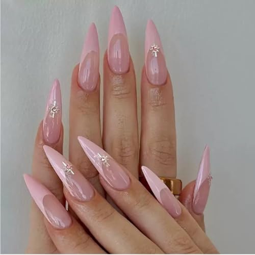 Pink French Tip Press On Nails - Long Almond False