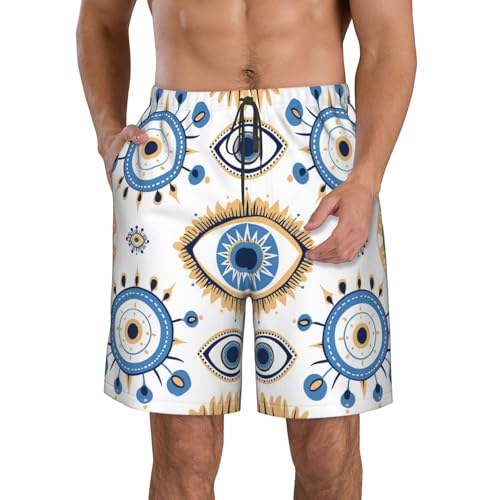 Men's Quick Dry Swim Shorts Evil Eye Boho Luxury Mystical Geometric Blue White Beach Trunks with Pockets
