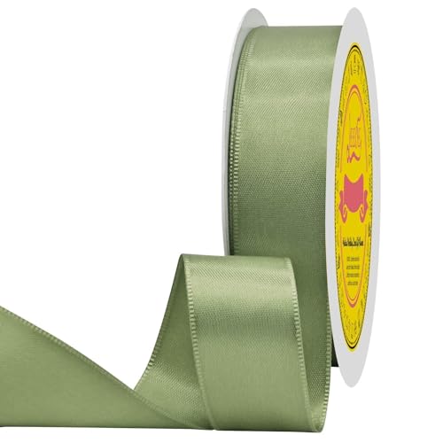 Image of Dusty Sage Green Double Face Satin Ribbon 1 inch X 50 Yards Spool Bright Colors Very Suitable for Weddings Gift Package Wrapping Dancer Wand Sewing Party Hair Bow Invitation Decorations and More