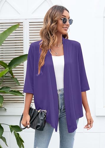 Heymoments Cardigan for Women D Purple 3X-Large Draped Open-Front 3/4 Sleeve Lightweight Casual Soft Drape Summer Fall Kimonos Cardigans — view 4