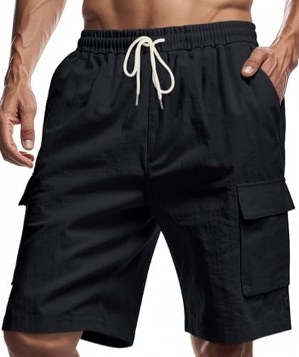 Husmeu Linen Shorts Men Pockets Loose Fit Drawstring Lightweight