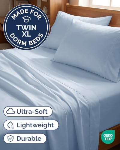 Image of Twin XL 4 Piece Sheet Set - College Dorm Room Essentials - Sky Blue | Ultra Soft Dorm Bedding Set, 8 inch to 16 inch Inch Deep Pockets, 1 Flat & 1 Fitted Sheet & 2 Pillowcases, Wrinkle & Fade Free