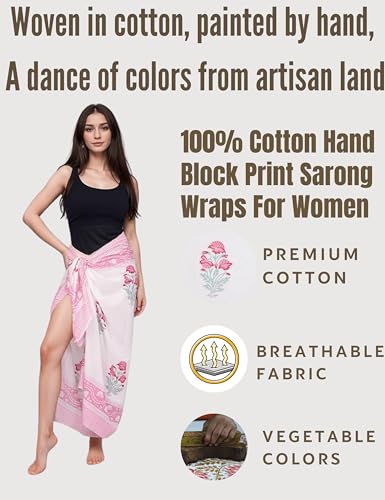Hand Block Printed Cotton Sarong Wraps for Women – Lightweight Beach Swimsuit Cover Up, One Size Pareo 73 x 44 In