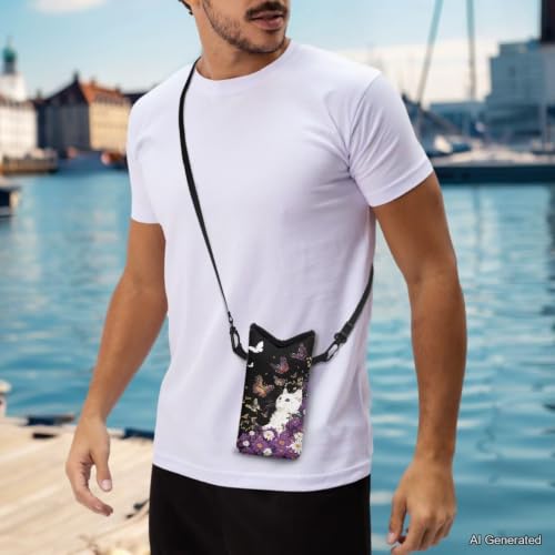 Image of Mini Cell Phone Crossbody Bag Neoprene Smartphone Wallet Bag Shockproof and Waterproof Compatible with Most Smartphones for Traveling, Beach, Cute Cat Butterfly Violet Daisy Black