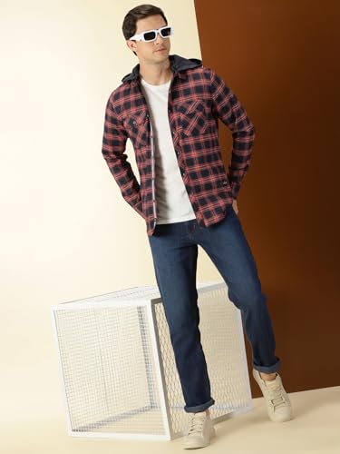 Image of Thomas Scott Men's Cotton Classic Hood Collar Tartan Checks Casual Shirt