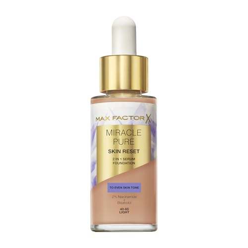 Max Factor Miracle Pure Skin Reset Foundation, 2-in-1 Serum und flüssige Foundation, natürliche Deckkraft mit mattem Finish, Reset-Komplex, Fb. 40-60 Light