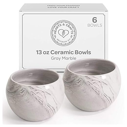 Hearts & Crafts Gray Marble Ceramic Bowls for Candle Making - Multi-Use Ceramic Pots for Arts & Crafts, Storage, Candies, Planter Pots, Gifts & More (13 oz, Set of 6)