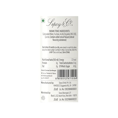 Image of SEPOY & CO. Indian Tonic Water, Classic Gin & Tonic Cocktail Mixer, Low Cal, Less Sugar, 100% Natural Ingredients, Sparkling, Pack of 6 X 200ml