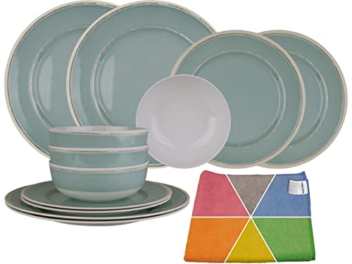 HEKERS Vajilla de melamina 100% New Spring Mint – Juego de 12 piezas de 4 personas – 1 paño de microfibra HEKERS en color aleatorio para exteriores, picnic, camping, apto para lavavajillas