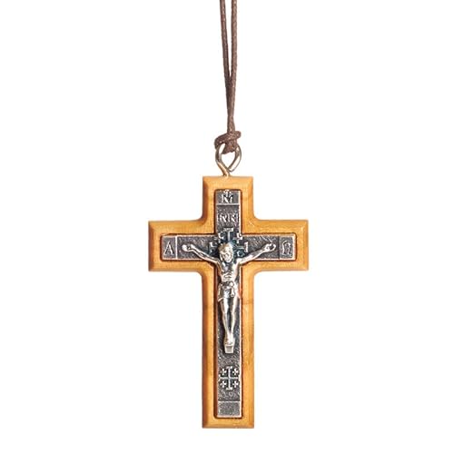 NazarethFairTrade Collier crucifix en métal avec croix en bois d'olivier fait à la main à Nazareth, cadeaux pour hommes, femmes, garçons, filles, baptême, Alpha Omega, bijoux chrétiens de Terre Sainte