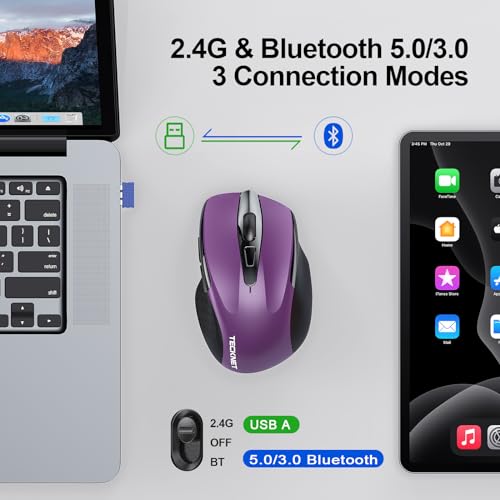 Image of TECKNET Wireless Mouse, BT 5.0 /2.4G, Rechargeable 6-DPI Silent, Purple | Bluetooth 5.0 /3.0 & USB A, 2-Device Easy Switch, Wide OS Compatible, 6 Buttons, 6-DPI up to 4800, Ergonomic for S to M Hands