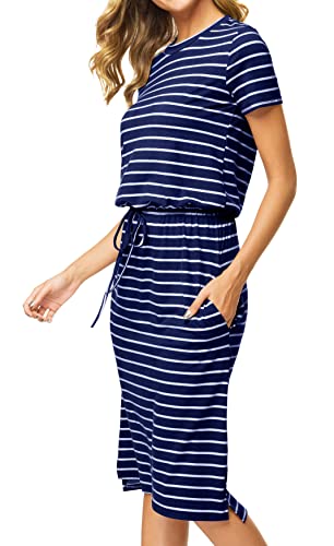 Women Spring Pocket Short Sleeve Modest Casual Midi Knee Dress Striped Navy M #TOP3