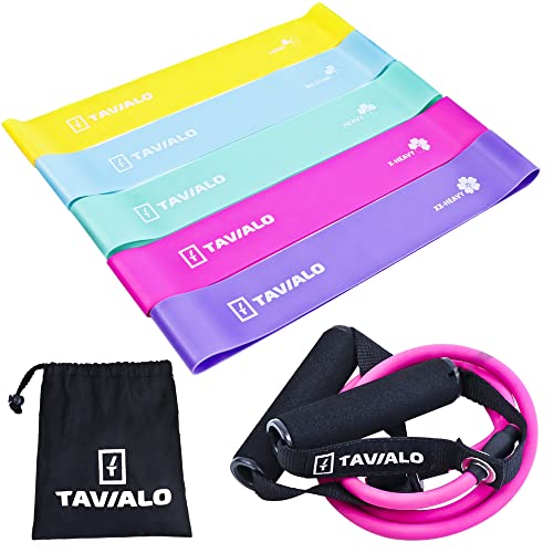 TAVIALO Bande Élastique Fitness, Lot de 5 Bandes de résistance + extenseurs pour Musculation Pilates Yoga 5 Niveaux de résistance + Sac de Rangement Cover
