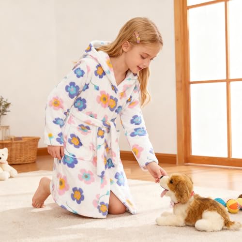 Image of Girls Fleece Hooded Robes Kids Warm Bath Robe for Girls Soft Fuzzy Bathrobe