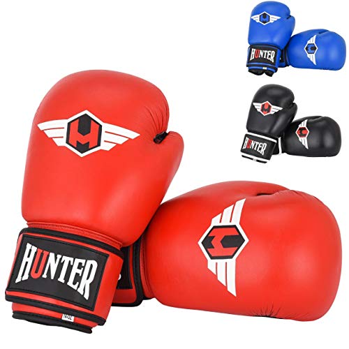 Hunter Boxing Gloves Muay Thai Training Professional Synthetic Leather Sparring Punching Bag Mitts Kickboxing Fighting (RED, 12 OZ)