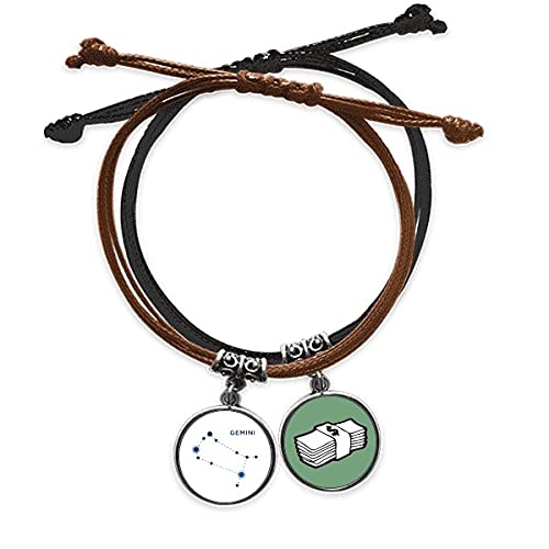 Pulsera Géminis de Cuero Negro Ajustable con Amuleto de Constelación Zodiacal
