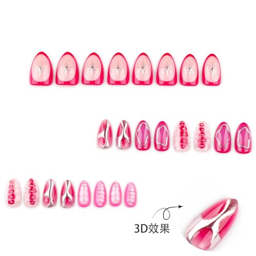 Image of Pink Press on Nails Silver Line Fake Nails with Alligator Print Design Short Almond False Nail Star Glue on Nails Glossy Full Cover Artificial Acrylic Stick on Nail for Women Manicure 24Pcs