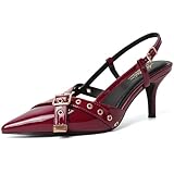 Mostrin Burgundy Slingback Kitten Heels for Women Dark Red Studded Heeled Pumps Pointed Closed Toe Heels Vintage Stiletto Pumps Shoes Size 8.5