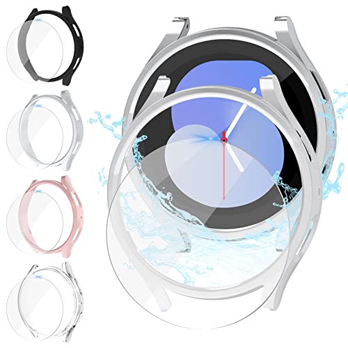 [4+4Stück] Jvchengxi Matt Hülle 44mm für Samsung Galaxy Watch 5 / Galaxy Watch 4 mit Glas Displayschutz, Hart PC Bumper Schutzhülle + Gehärtetes Glas Schutzfolie (Schwarz+Silber+Roségold+Klar) Cover