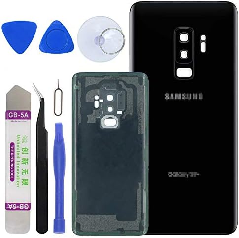LUVSS Rear Glass Assembly for [Samsung Galaxy S9+ Plus] G965 Back Glass Panel Cover Case Housing Replacement + Camera Lens + Opening Tools Kit (Black)