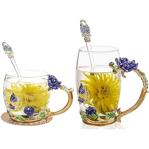 onepeng Gifts for Mom Women Mothers Day Glass Tea Cups Coffee Enamels Mug Best Birthday Butterfly Rose Gifts for Her from Daughter Son Valentines Day Christmas Tea Cup with Spoon Set Cover