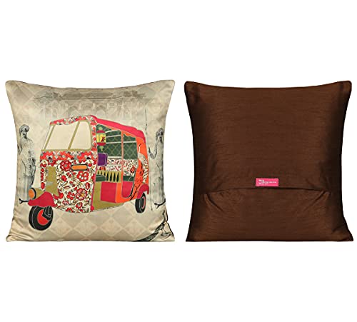 Image of India Circus by Krsnaa Mehta The Mughal Rickshaw Multicolor Satin Blend Cushion Pillow Covers Set of 5 (16 x 16 Inches)