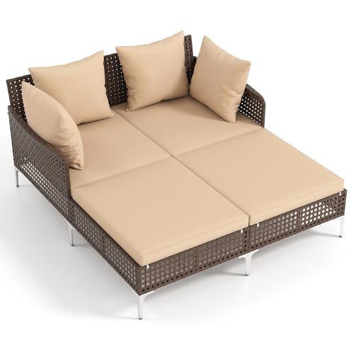 Tangkula Outdoor Rattan Double Daybed with Cushions