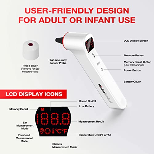Mueller Ear Forehead Thermometer for Adults and Kids for Fever with Ear Temperature Probe and LCD Display, Non-Contact Body and Surface Thermometer, Auto Shut-Off, White