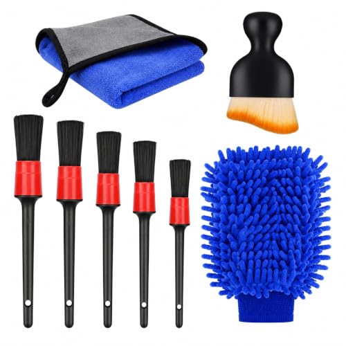 Image of Car Detailing Brush Kit 8 Pcs for Interior & Exterior Cleaning | 5 Soft Detailing Brushes, Soft Dusting Brush, Microfiber Drying Towel & Wash Mitt | Car Cleaning Kit for Car, Bike & SUV