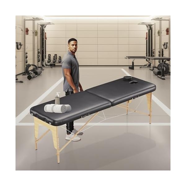 Table de Massage 2 Zones Basic Portables 185 x 60 cm pour physiothérapie - Leger ne pèse Que 11,6 kg. - Cosmetique lit esthétique Pliante avec Panneau Reiki - Noir