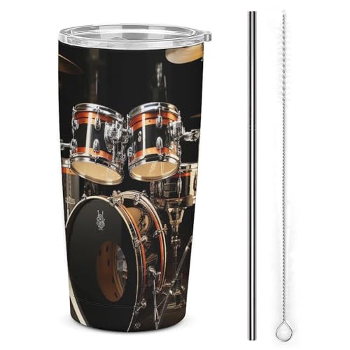 LFDSPYJE Bicchiere da 590 ml in acciaio inox Tazza da viaggio Drum Set Bicchiere isolato Doppia parete Vuoto Tazza da caffè con coperchio di paglia Spazzola per la pulizia Bottiglia termica per auto