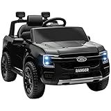 Qaba Ford Ranger Licensed 12V Kids Ride on Truck, Toddler Electric Car with Remote Control, Toy Storage, Spring Suspension, LED Headlights, Music Horn, for Ages 3-6 Years, Black