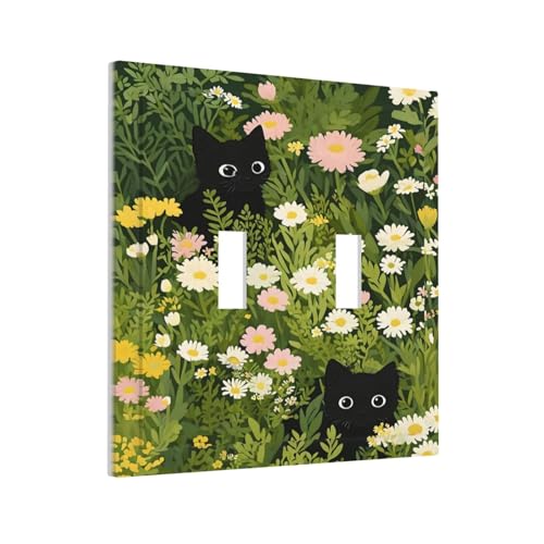 Decorative Switch Covers Plate Funny Cute Black Cat Colorful Flower Green Plant 2 Gang Wall Plate Oversized Double Toggle Light Switch Plate Wall Cover Plate Faceplate for Home Decor