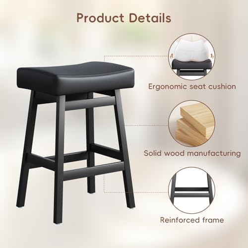 Butacos de altura para barra de 26 pulgadas, juego de 2 unidades, sin respaldo, asiento tipo silla de montar con tapizado en cuero sintético, estilo moderno para isla de cocina, comedor o bar en casa (Negro) miniatura 4