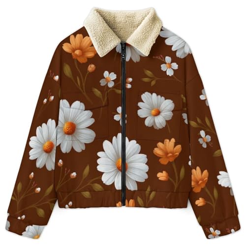 Manteau polaire grande taille femme veste d'hiver fleurie chaude et confortable brune