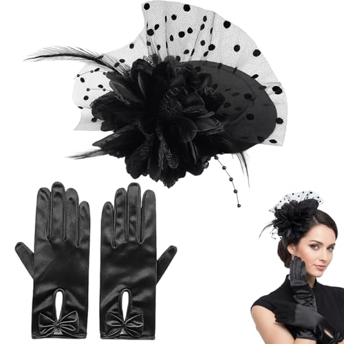 AevYxq Fascinator Damen, 50er Jahre Outfit Damen, Elegantes 2-Teiliges Retro-Set Mit Hut Und Handschuhen, Perfekt Für Hochzeiten, Partys Und...