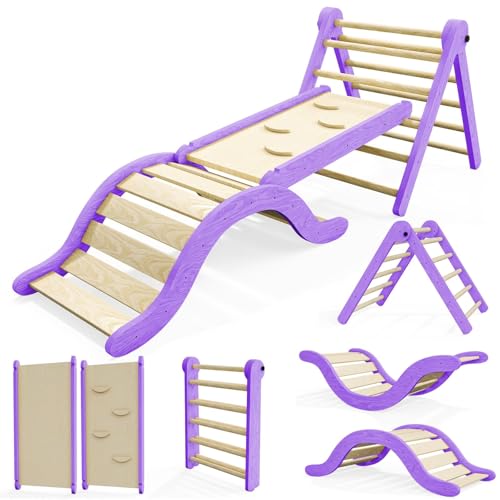 Image of bbgroundgrm Pikler Triangle Set Climber 5 in 1, Toddler Climbing Toys Indoor Folding with Ramp & Arch & Mat for Montessori Play Gym for Toddlers and Kids (Purple)(105" Wx25 Dx31.5 H)