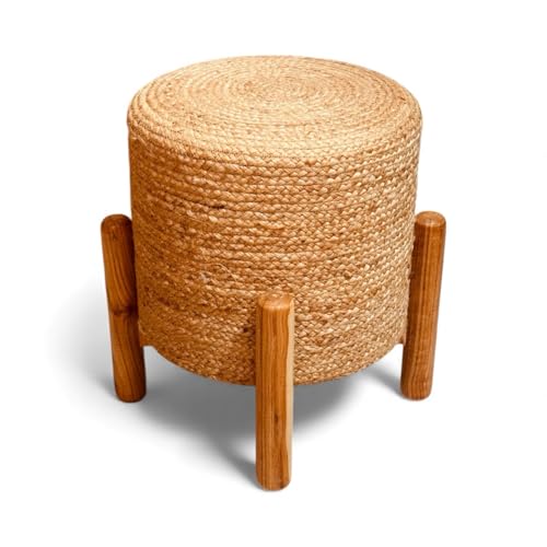 Image of Handcrafted Jute Ottoman Pouffe with Wooden Stand Support | Durable & Stylish Footrest Stool for Living Room & Bedroom | Natural Fiber Seating Pouf | 40x40x40 cm