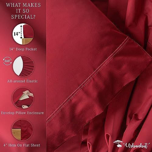 URBANHUT 800 Thread Count Twin Size Egyptian Cotton Sheets Set, 3 Pc Bed Sheet Sets for Twin Size Bedding, Luxury Hotel Sheets Sateen Finish Fits 16" Deep Pocket - Burgundy