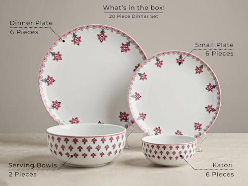 Image of Bodhi House Premium Porcelain Dinner Set 20 Pieces Serving for 6 | Pink Blossom Floral Design | Microwave & Dishwasher Safe | Crockery Set | Dinnerware Set for Home, Dining, Kitchen & Gifting