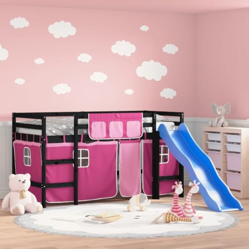 KLYEON Cama Alta para niños con Cortinas Madera Pino Rosa 80x200 cm Camas y somieres