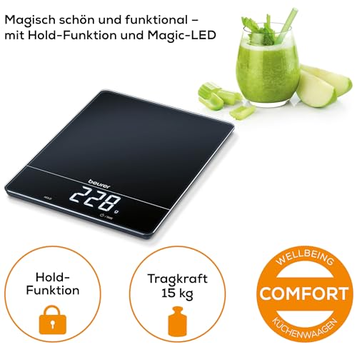 Foto von Beurer KS 34 Küchenwaage, für präzises Wiegen bis 15 kg, mit Tara-Zuwiegefunktion und Magic LED-Display, schwarz