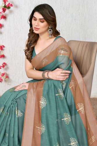 Image of MIRCHI FASHION Women Saree Cotton Blend 2-Tone Foil Print | Lightweight Comfortable Office Wear Sari with Blouse Piece