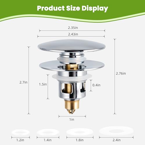Image of Universal Bathroom Sink Drain Stopper Strainer, 2PCS, Chrome | 2 in 1 Pop Up Sink Stopper for 1.1''~2.36'' Sink Basin Hole, Hair Catcher with Removable Stainless Steel Filter Basket