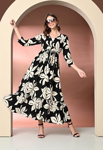 Image of Daevish Women's New Rayon Printed Tie-up Waist V Neck Flared Maxi Dress | Women Flared Dress