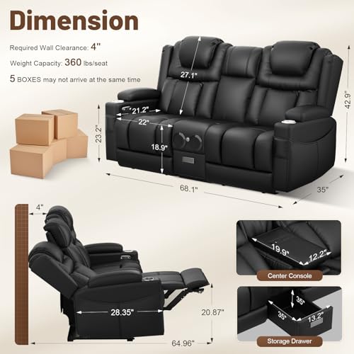 Image of Power Loveseat Recliner Sofa with Console, Wall Hugger Reclining Loveseat with Reading Light, Home Theater Seating with LED Lights, Zero Gravity Recliner Couch for RV Couch and Living Room