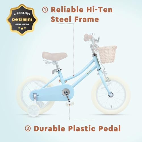 Image of Petimini Vintage Kids Bike for Girls, 12-20 Inch Classic Bicycle with Wicker Basket & Bell, High Tensile Steel Frame, Training Wheels (12-18 inch), 85% Pre-Assembled, Retro Bike for Outdoor Riding