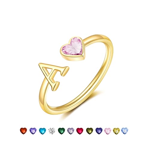 Initial Rings for Women Teen 𝐆𝐢𝐫𝐥𝐬 14K Gold Plated Birthstone Rings Stackable Dainty Letter Rings Birthday Birthstone Jewelry Gifts for Mother Daughter,Adjustable Size 5-10(Initial A,October)
