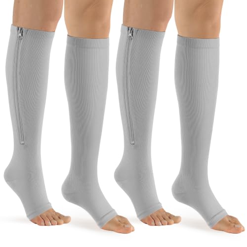 Image of bropite Zipper Open Toe Compression Socks For Women & Men | 2 Pairs 15-20mmhg Compression Socks With Zipper,Toeless Breathable Knee-High For Running Nurses Pregnancy Flying