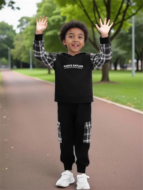 Image of OLMRJKD Toddler Baby Boy Clothes Plaid Long Sleeve Hoodie Sweatshirt + Pants 2pcs Boys Outfit Set